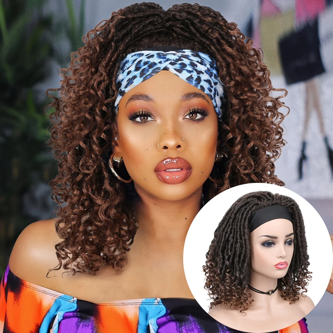Headband Wig Headband Dreadlock Curly Hair Synthetic Wig Locs Crochet Hair Dark Brown/ Black/ 99J Ginger Color Crochet Twist Braids Hair Wigs Afro Curly Synthetic Hair Braiding Wig African Hairstyle For Women - Image 11