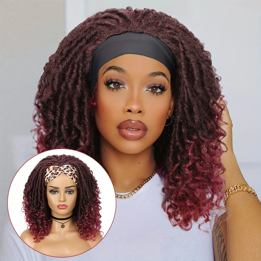 Headband Wig Headband Dreadlock Curly Hair Synthetic Wig Locs Crochet Hair Dark Brown/ Black/ 99J Ginger Color Crochet Twist Braids Hair Wigs Afro Curly Synthetic Hair Braiding Wig African Hairstyle For Women - Image 9