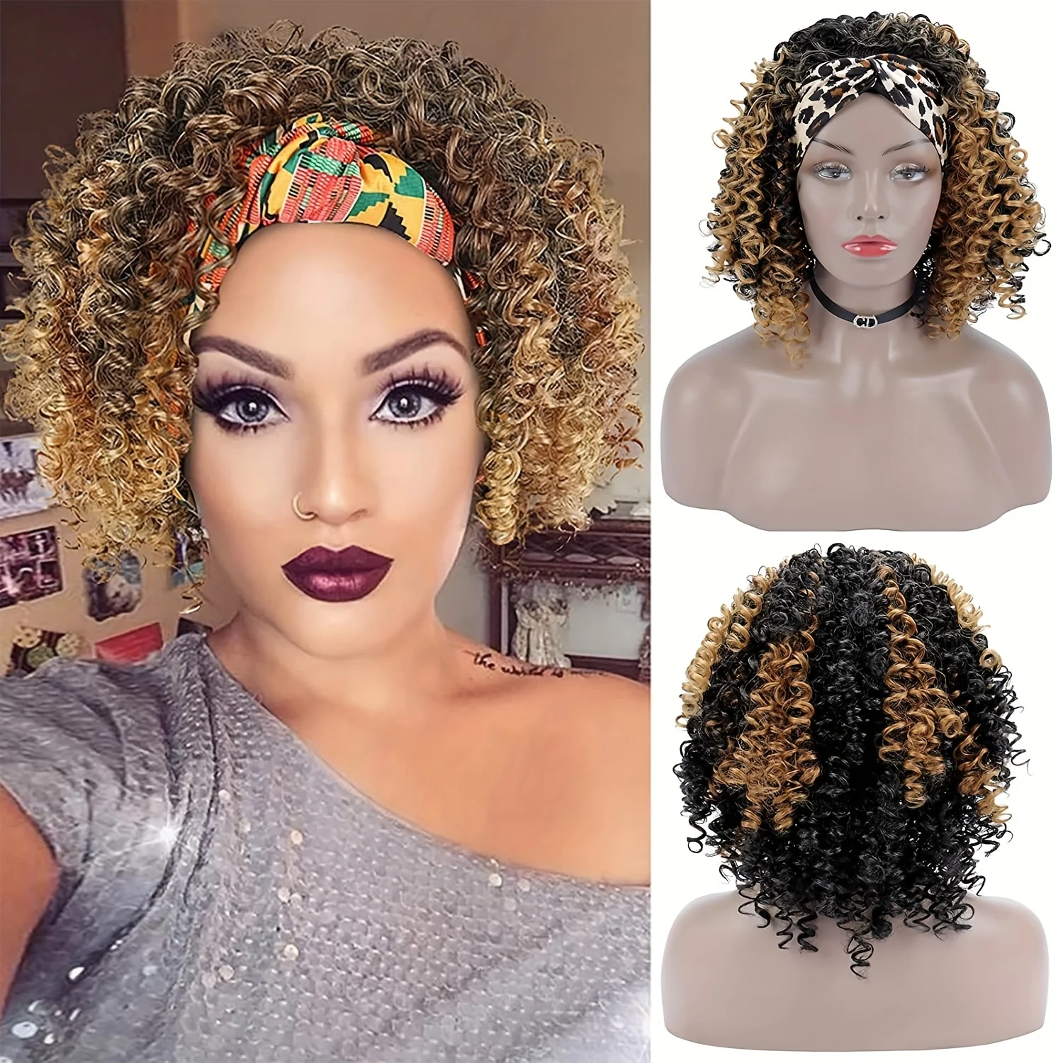 Headband Wigs 14 Inch Kinky Curly Headband Wigs For Women Synthetic Half Wig With Headband Attached No Lace Natural Black Curly Headband Wigs For Cosplay Party Daily Use - Image 6