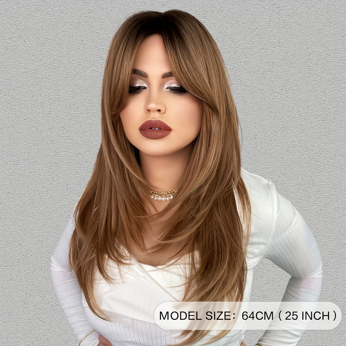 Heat Resistant Long Wavy Honey Blonde Wig with Bangs for Women - Natural Synthetic Brown Wig with Layered Style - Image 4