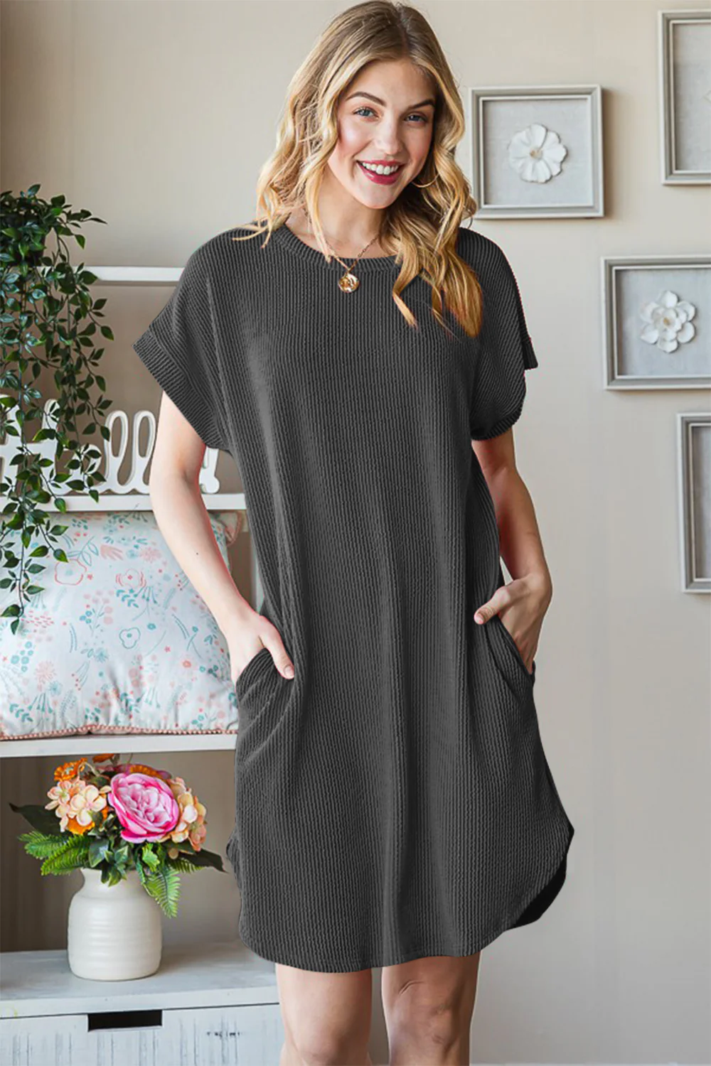 Heimish Full Size Ribbed Round Neck Short Sleeve Tee Dress - Image 2