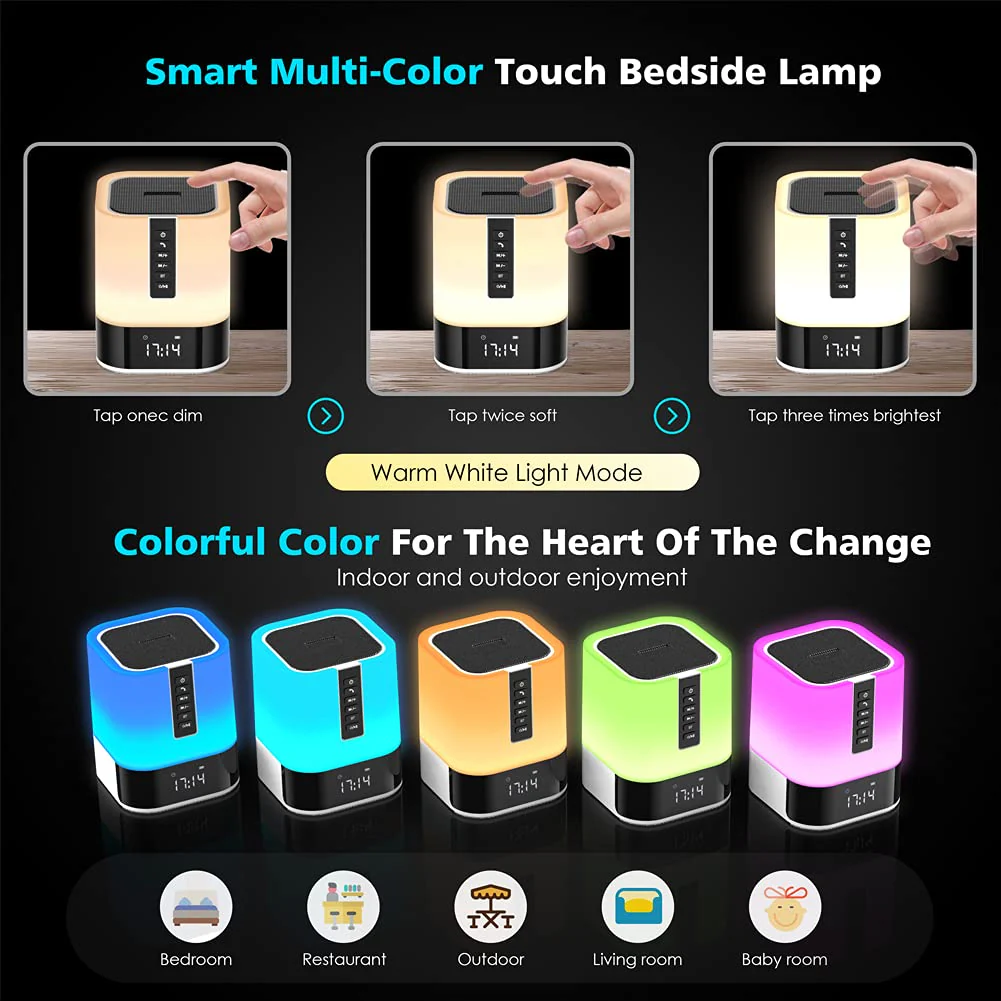 Hetyre Night Light Bluetooth Speaker, 5 in 1 Touch Control Bedside Lamp Dimmable Multi-Color Changing, Bedroom Alarm Clock, Best Birthday Gift Ideas for 10 11 12 13 14 Year Old Teenage Girls/Boys - Image 9