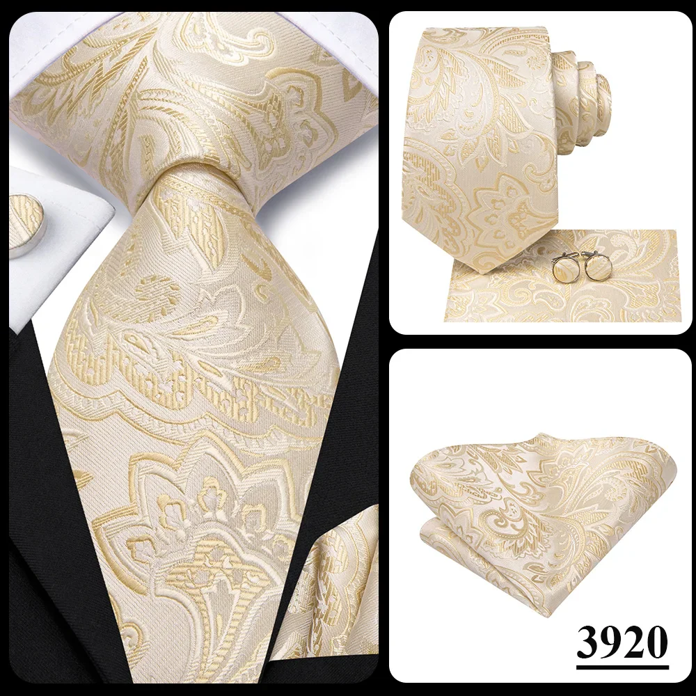 Hi-Tie Champagne Floral Paisley Silk Elegant Tie For Men Groom Wedding Men Necktie Pocket Square Cufflink Accessory Wholesale - Image 25