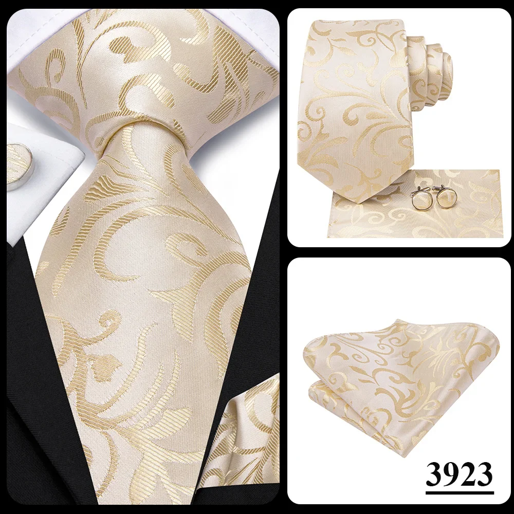 Hi-Tie Champagne Floral Paisley Silk Elegant Tie For Men Groom Wedding Men Necktie Pocket Square Cufflink Accessory Wholesale - Image 26