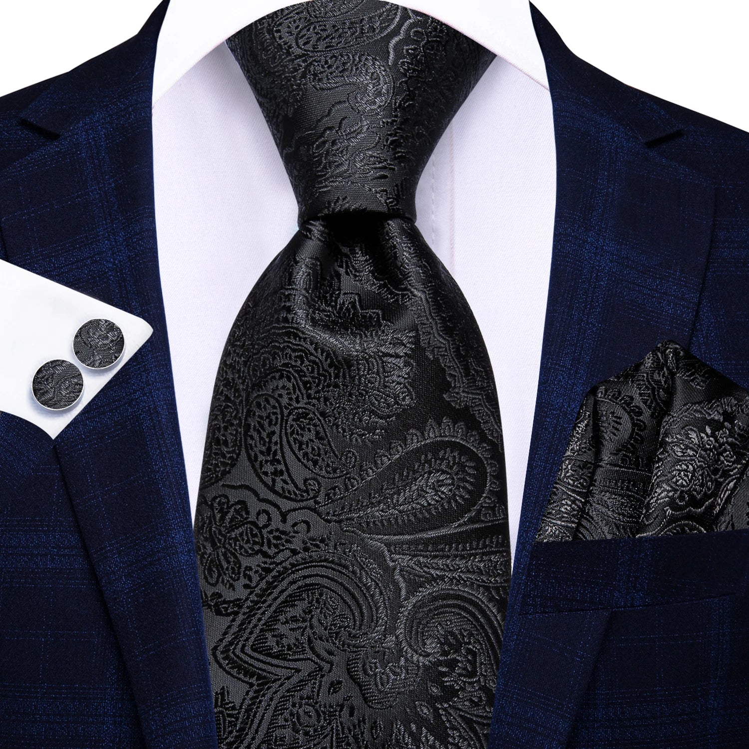 Hi-Tie Fashion 8.5cm Black Grey Floral Mens Elegant Tie Handkerchief Cufflinks Set Wedding Party Accessories Gift for Men Gravat - Image 29