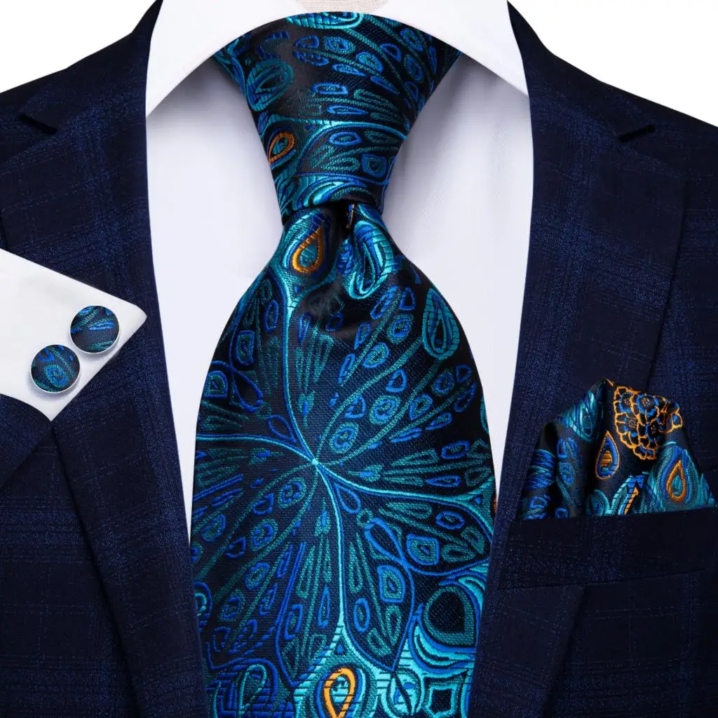 Hi-Tie Peacock Blue Novelty Design Silk Wedding Tie For Men Hanky Cufflinks Gift Mens Necktie Set Business Party Dropshipping - Image 3