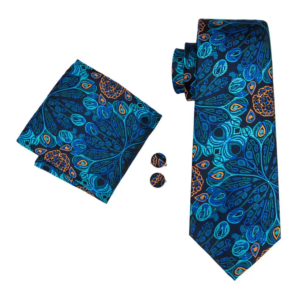 Hi-Tie Peacock Blue Novelty Design Silk Wedding Tie For Men Hanky Cufflinks Gift Mens Necktie Set Business Party Dropshipping - Image 4