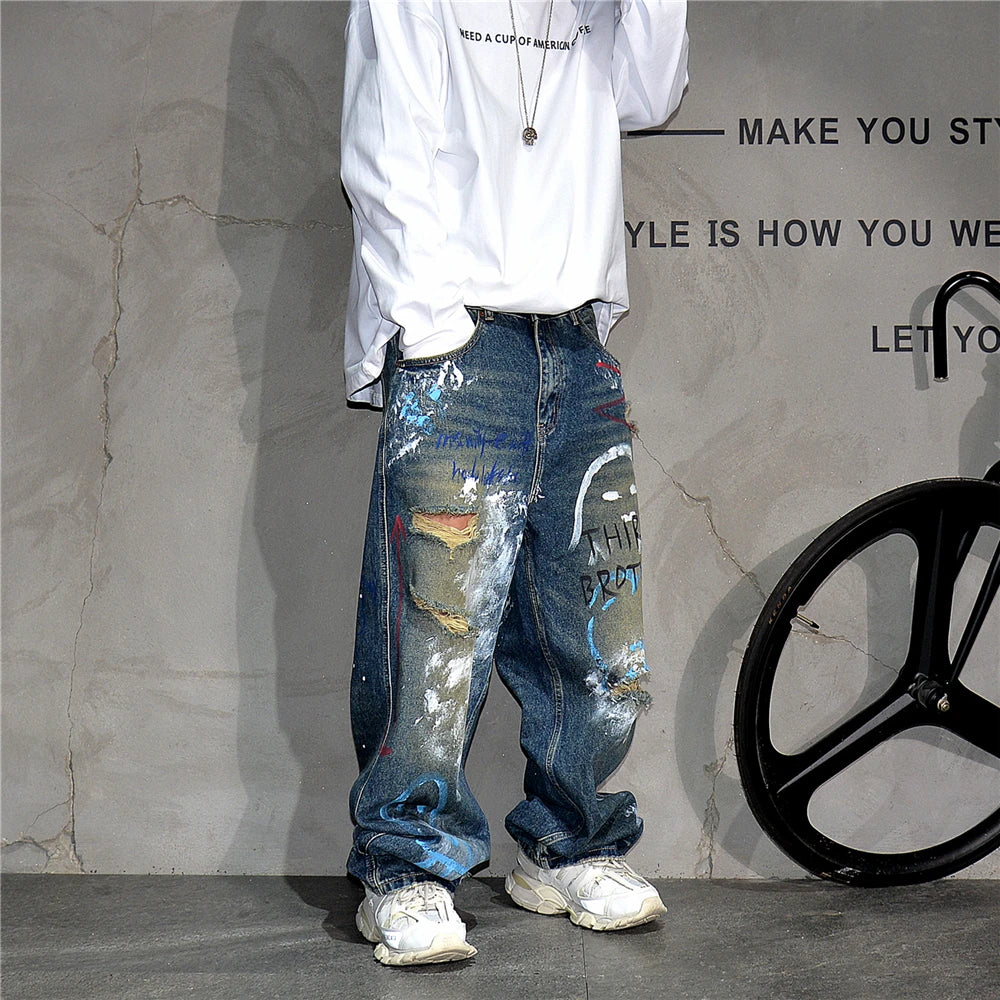 High End Men'S Clothing Hip Hop Graffiti Baggy Jeans For Men Streetwear Skateboard Ripped Jeans Korean Trendy Denim Trousers - Image 10