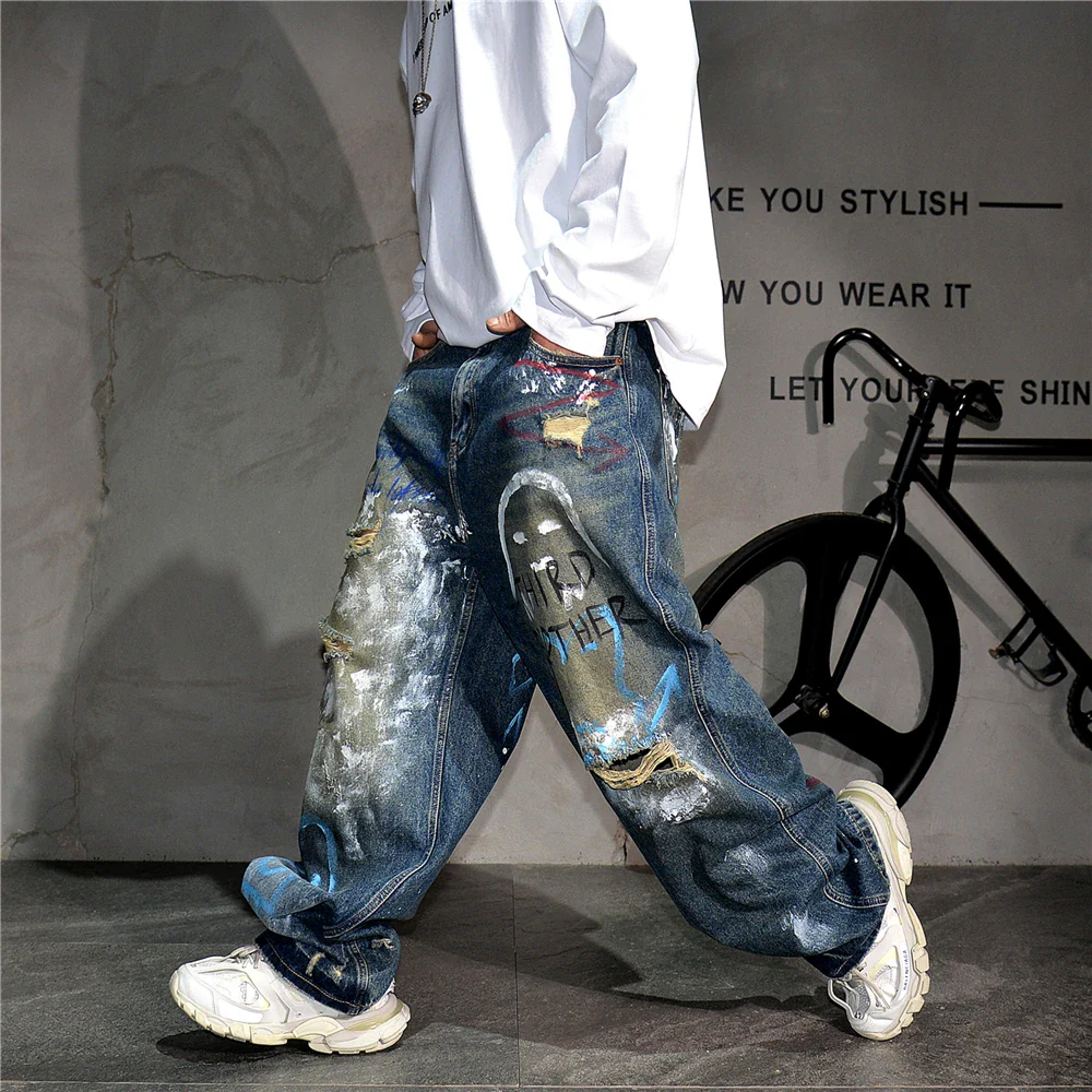 High End Men'S Clothing Hip Hop Graffiti Baggy Jeans For Men Streetwear Skateboard Ripped Jeans Korean Trendy Denim Trousers - Image 13