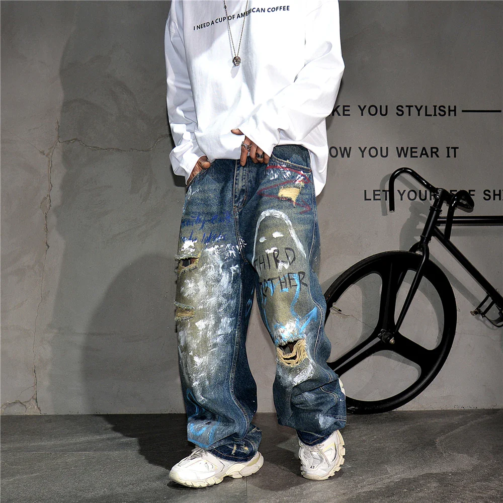 High End Men'S Clothing Hip Hop Graffiti Baggy Jeans For Men Streetwear Skateboard Ripped Jeans Korean Trendy Denim Trousers - Image 14