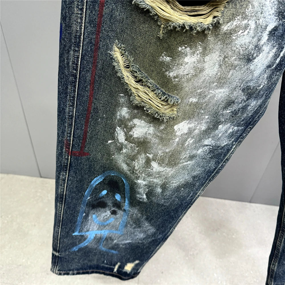 High End Men'S Clothing Hip Hop Graffiti Baggy Jeans For Men Streetwear Skateboard Ripped Jeans Korean Trendy Denim Trousers - Image 24