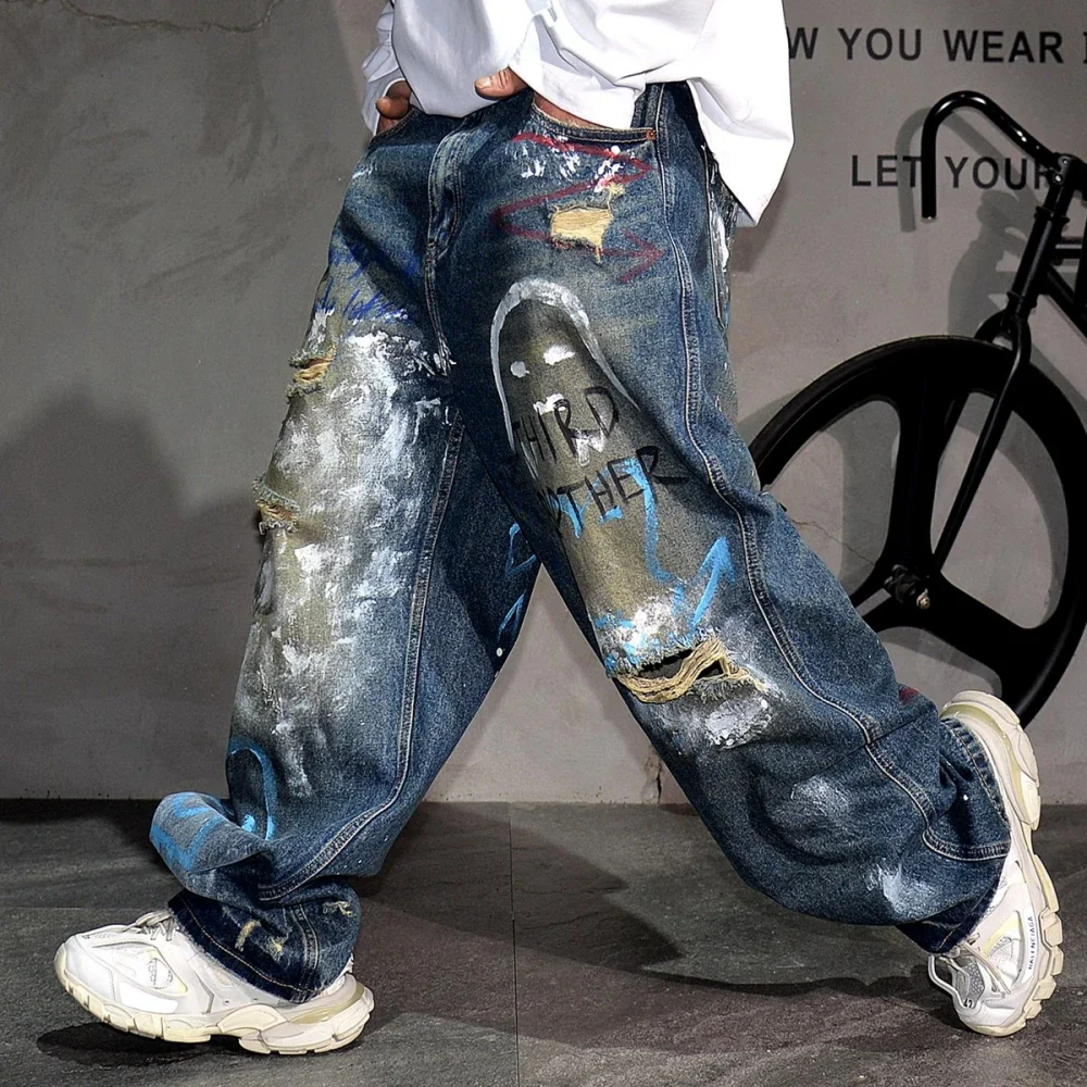 High End Men'S Clothing Hip Hop Graffiti Baggy Jeans For Men Streetwear Skateboard Ripped Jeans Korean Trendy Denim Trousers - Image 4