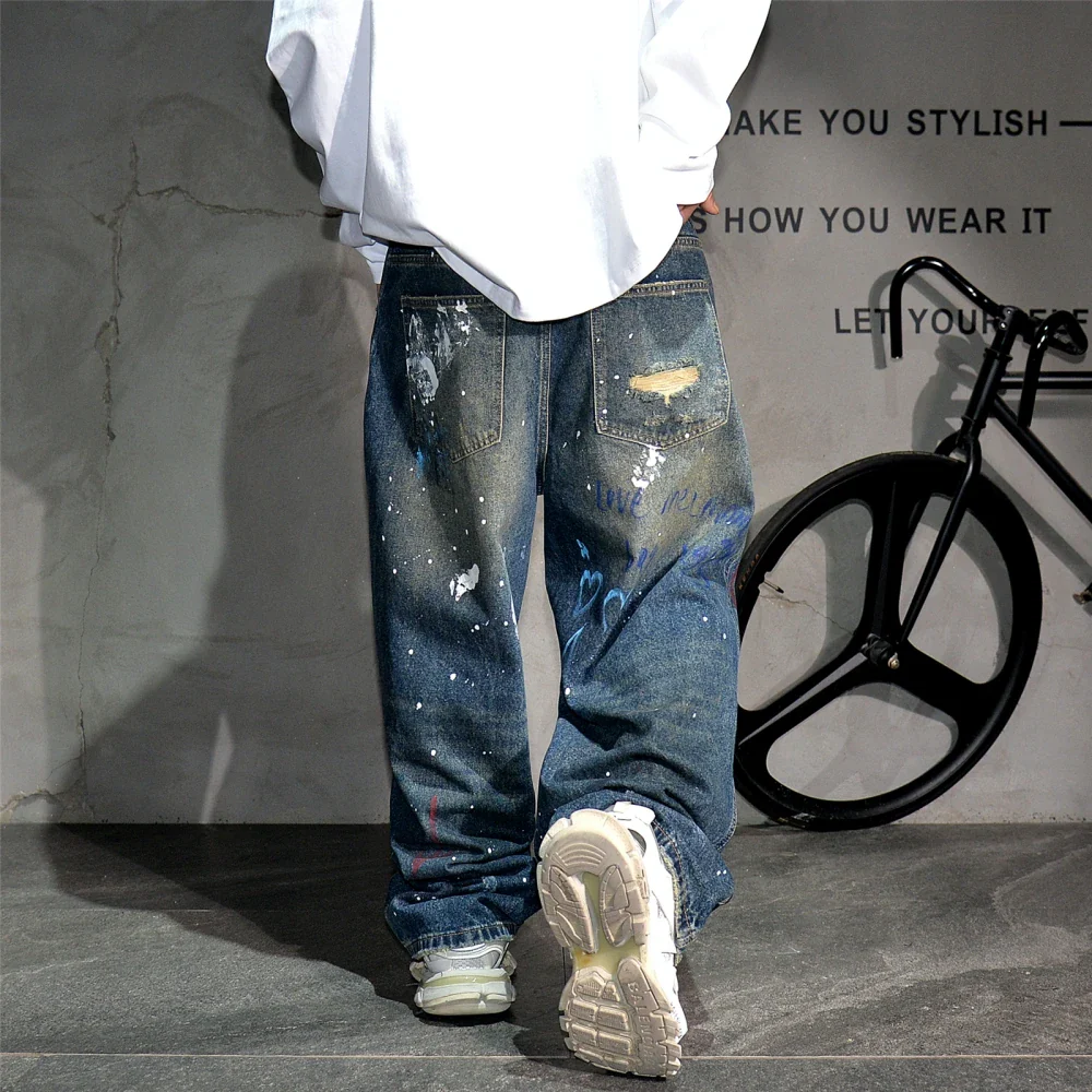 High End Men'S Clothing Hip Hop Graffiti Baggy Jeans For Men Streetwear Skateboard Ripped Jeans Korean Trendy Denim Trousers - Image 5