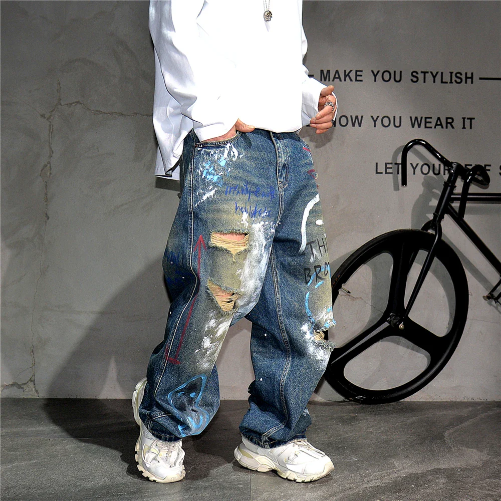 High End Men'S Clothing Hip Hop Graffiti Baggy Jeans For Men Streetwear Skateboard Ripped Jeans Korean Trendy Denim Trousers - Image 7