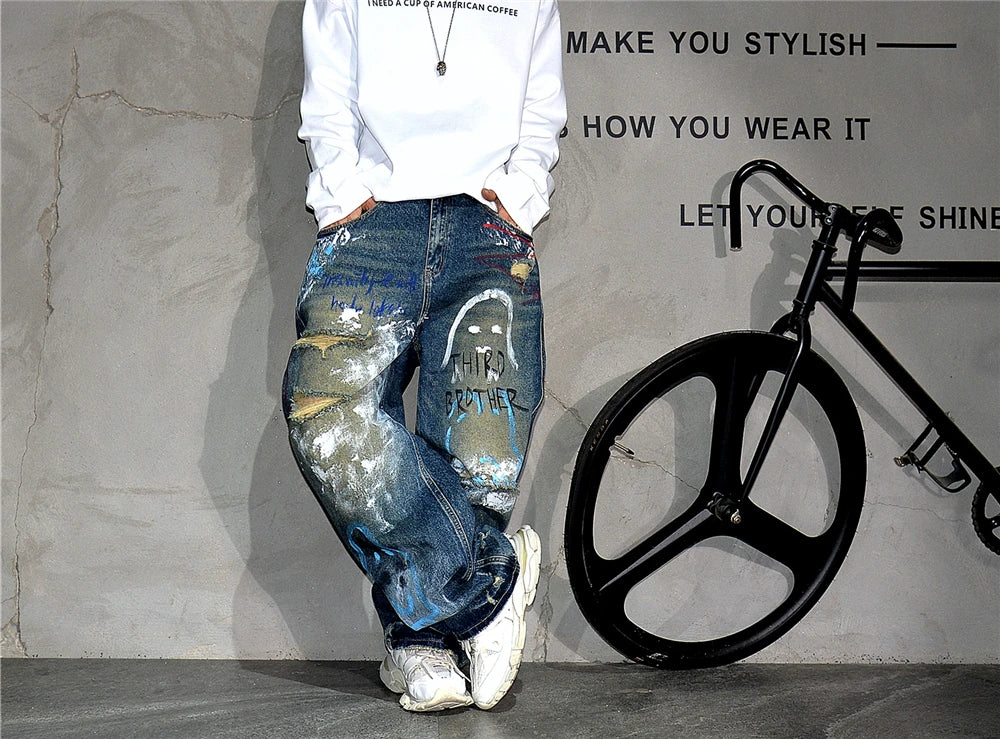 High End Men'S Clothing Hip Hop Graffiti Baggy Jeans For Men Streetwear Skateboard Ripped Jeans Korean Trendy Denim Trousers - Image 8
