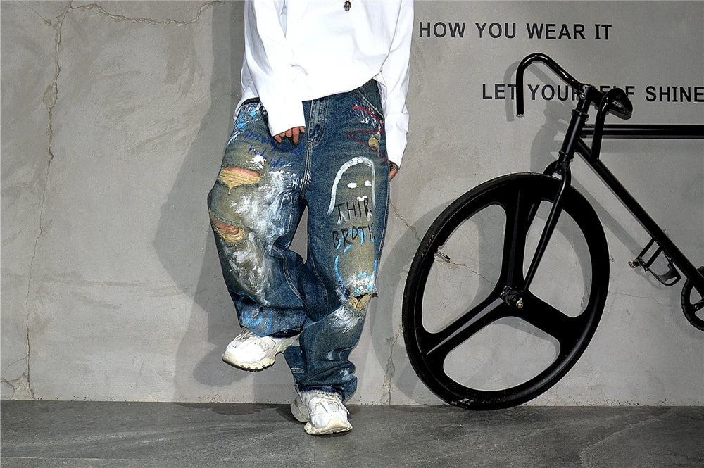 High End Men'S Clothing Hip Hop Graffiti Baggy Jeans For Men Streetwear Skateboard Ripped Jeans Korean Trendy Denim Trousers - Image 9