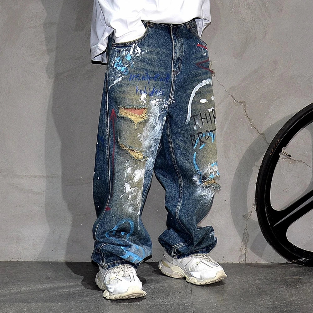 High End Men'S Clothing Hip Hop Graffiti Baggy Jeans For Men Streetwear Skateboard Ripped Jeans Korean Trendy Denim Trousers - Image 2