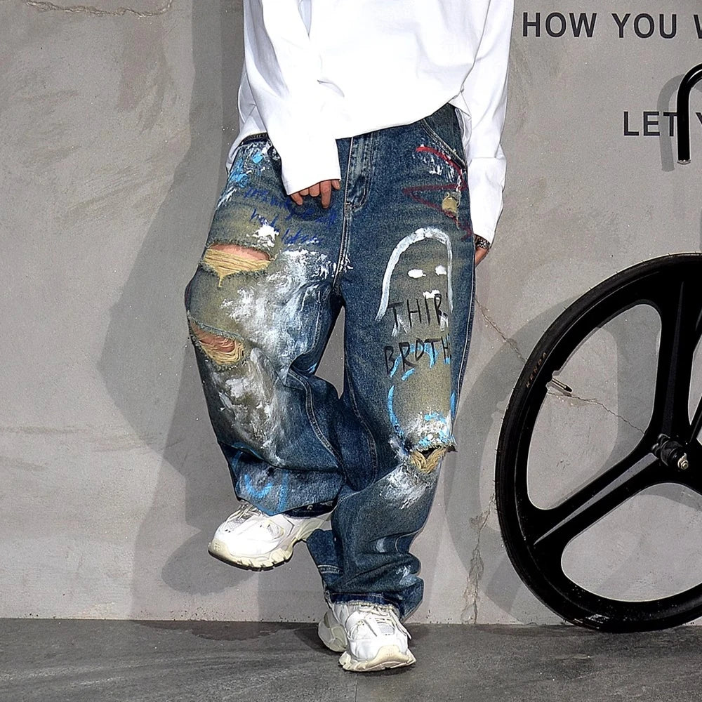 High End Men'S Clothing Hip Hop Graffiti Baggy Jeans For Men Streetwear Skateboard Ripped Jeans Korean Trendy Denim Trousers - Image 3
