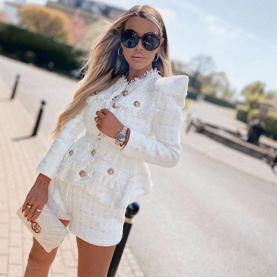 High Quality 2022 Autumn New Tweed 2 Two-Piece Set Sexy O-Neck Long Sleeve Single Breasted Jacket And Pants Club Party Set - Image 4