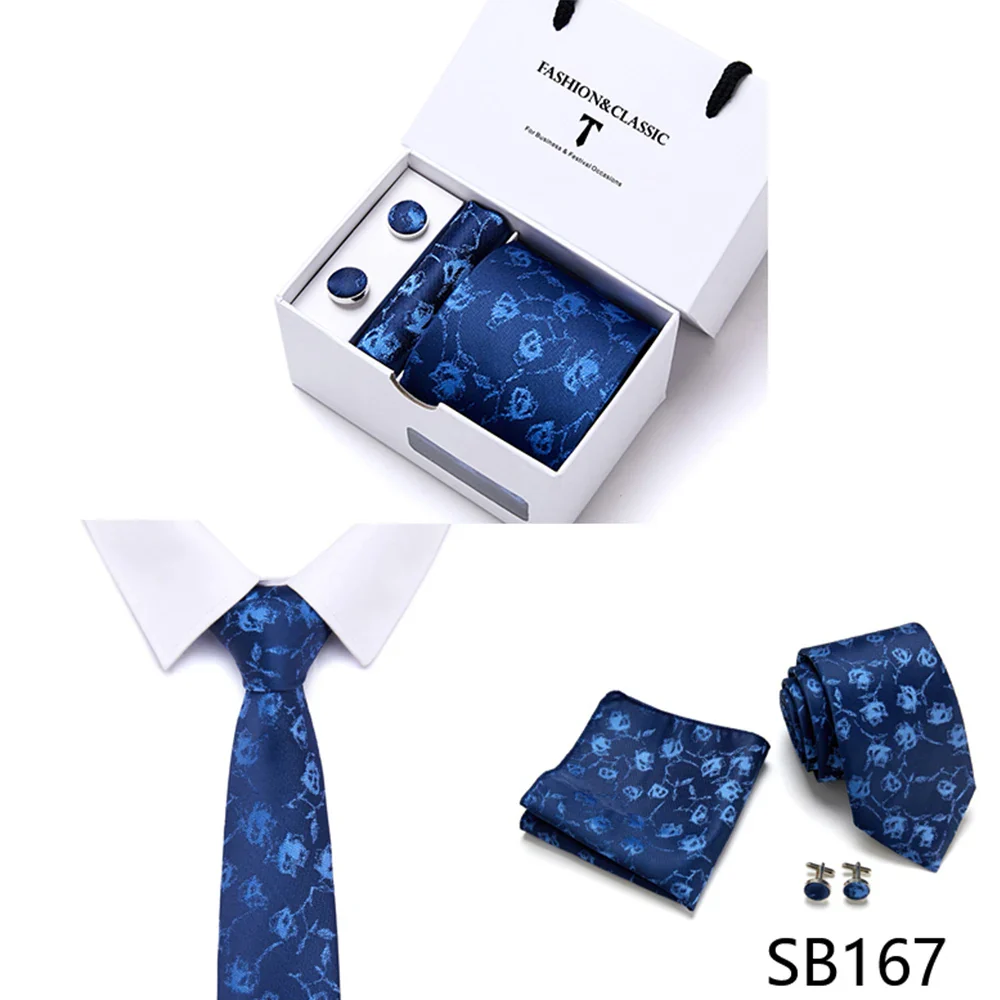 High Quality 7.5 cm Stripe Blue Tie Pocket Square Cufflinks Set For Men Gift Box Wedding Gravatas Fit Workplace - Image 4
