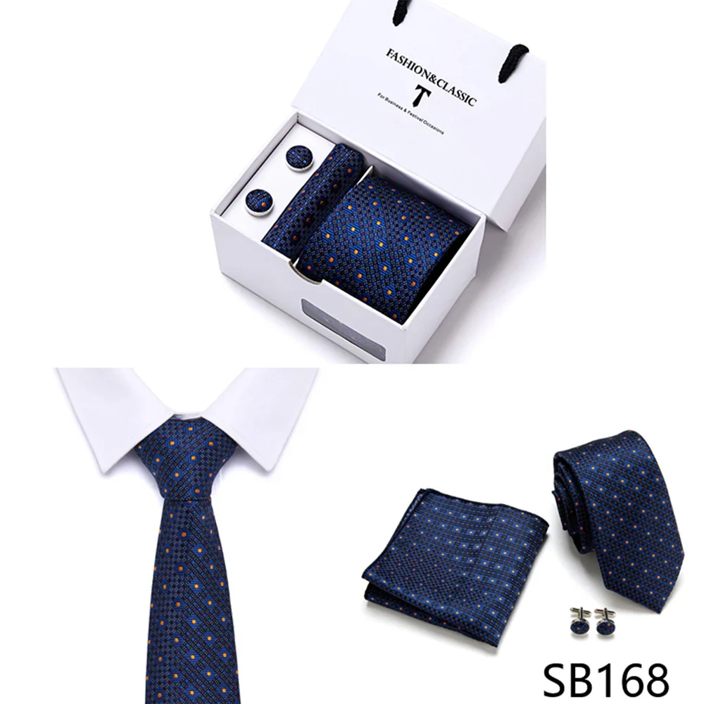 High Quality 7.5 cm Stripe Blue Tie Pocket Square Cufflinks Set For Men Gift Box Wedding Gravatas Fit Workplace - Image 5
