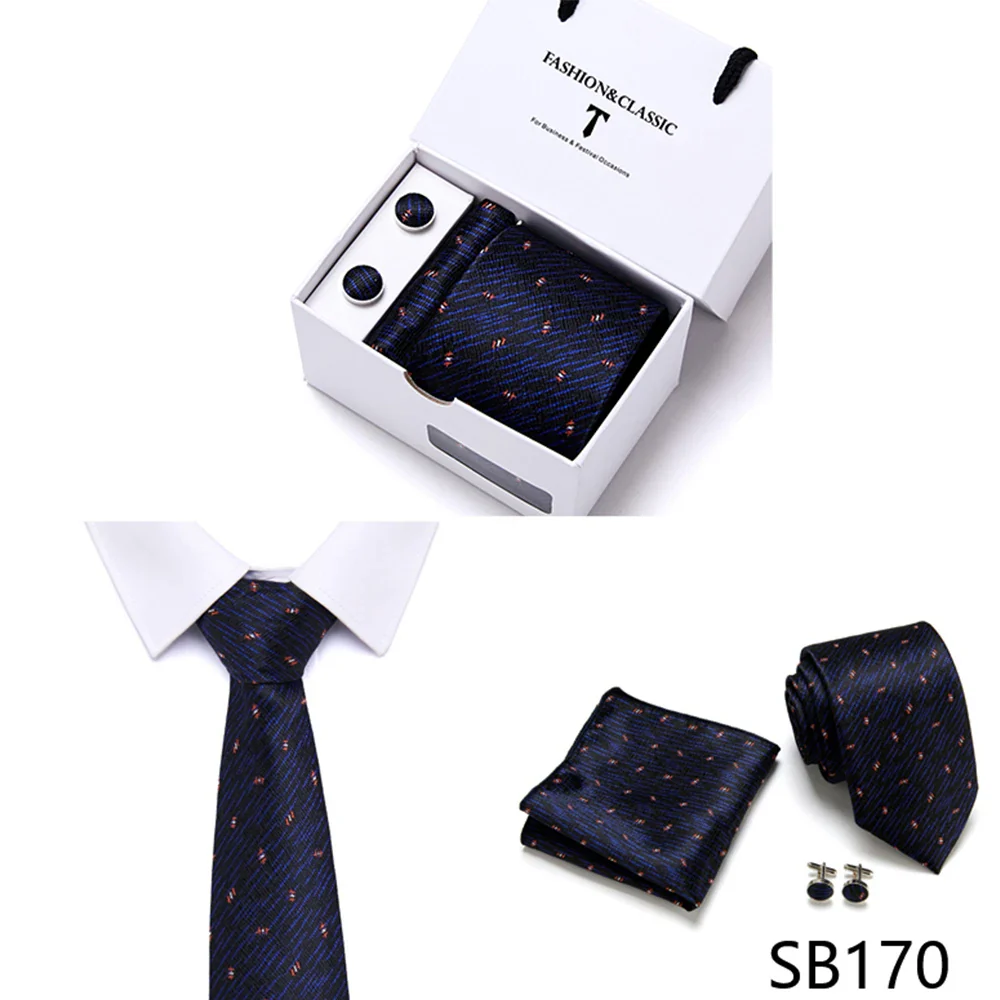 High Quality 7.5 cm Stripe Blue Tie Pocket Square Cufflinks Set For Men Gift Box Wedding Gravatas Fit Workplace - Image 7