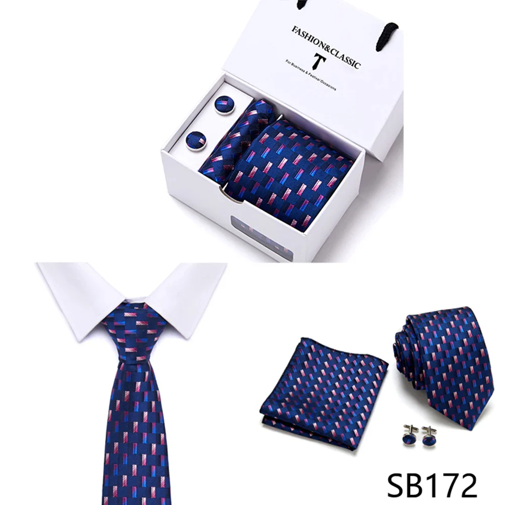 High Quality 7.5 cm Stripe Blue Tie Pocket Square Cufflinks Set For Men Gift Box Wedding Gravatas Fit Workplace - Image 9