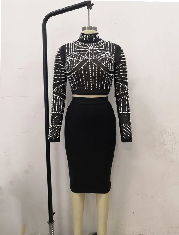 High Quality Black Pearls Beading Two Pieces Set Rayon Bandage Set Club Party Fashion Outfit - Image 3