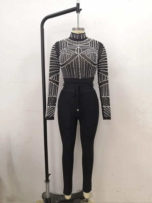 High Quality Black Pearls Beading Two Pieces Set Rayon Bandage Set Club Party Fashion Outfit - Image 4