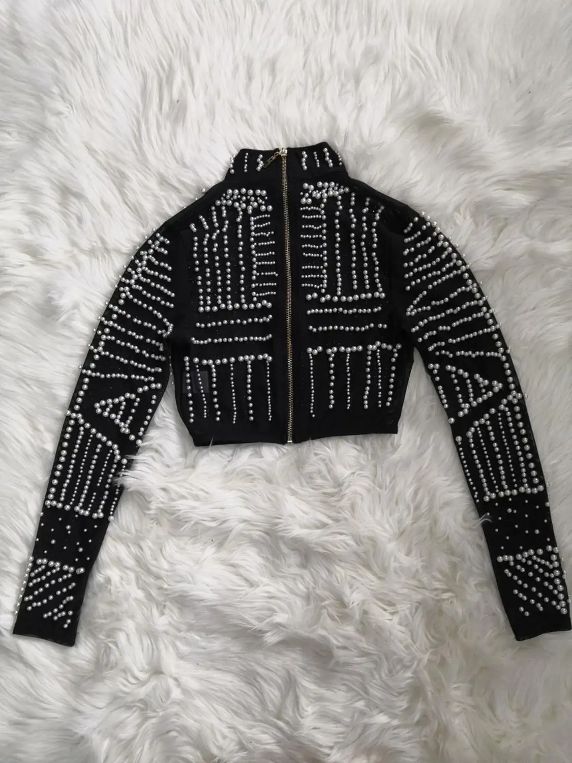 High Quality Black Pearls Beading Two Pieces Set Rayon Bandage Set Club Party Fashion Outfit - Image 5
