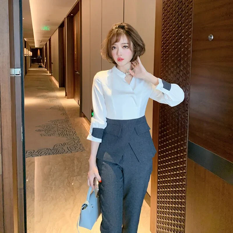 High Quality Designer Autumn Suit Women Pants 2 Piece Set Elegant Office Lady Outfits Hit Color Blouse and Pants Fashion Sets - Image 3