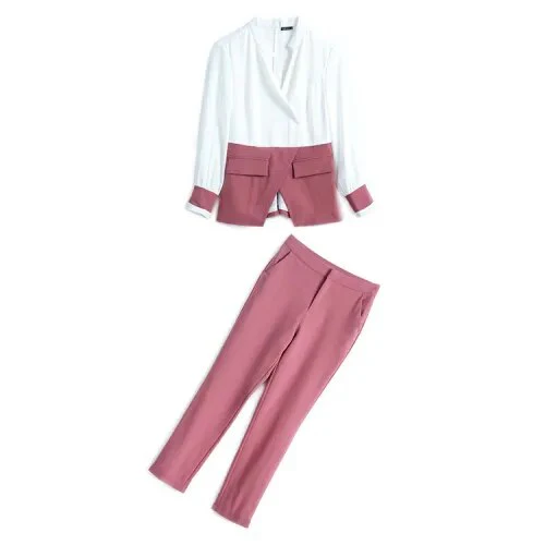 High Quality Designer Autumn Suit Women Pants 2 Piece Set Elegant Office Lady Outfits Hit Color Blouse and Pants Fashion Sets - Image 6