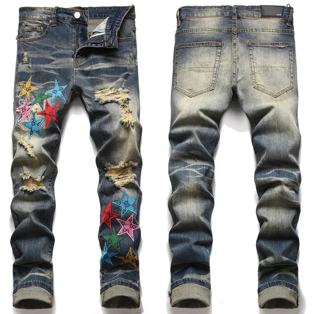 High Quality Letter Star Jean Men Embroidery Patchwork Ripped Jeans For Men Trend Brand Motorcycle Pant Mens Jean Skinny - Image 10