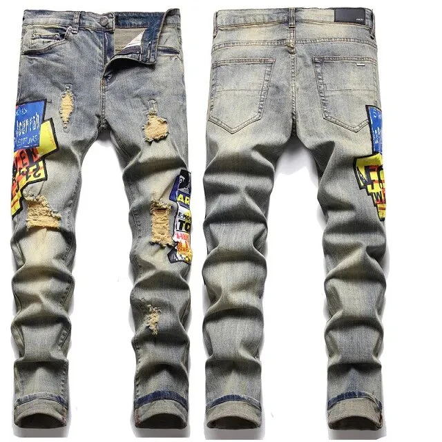 High Quality Letter Star Jean Men Embroidery Patchwork Ripped Jeans For Men Trend Brand Motorcycle Pant Mens Jean Skinny - Image 12