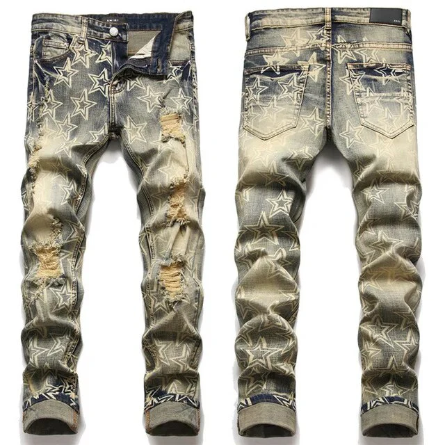High Quality Letter Star Jean Men Embroidery Patchwork Ripped Jeans For Men Trend Brand Motorcycle Pant Mens Jean Skinny - Image 9