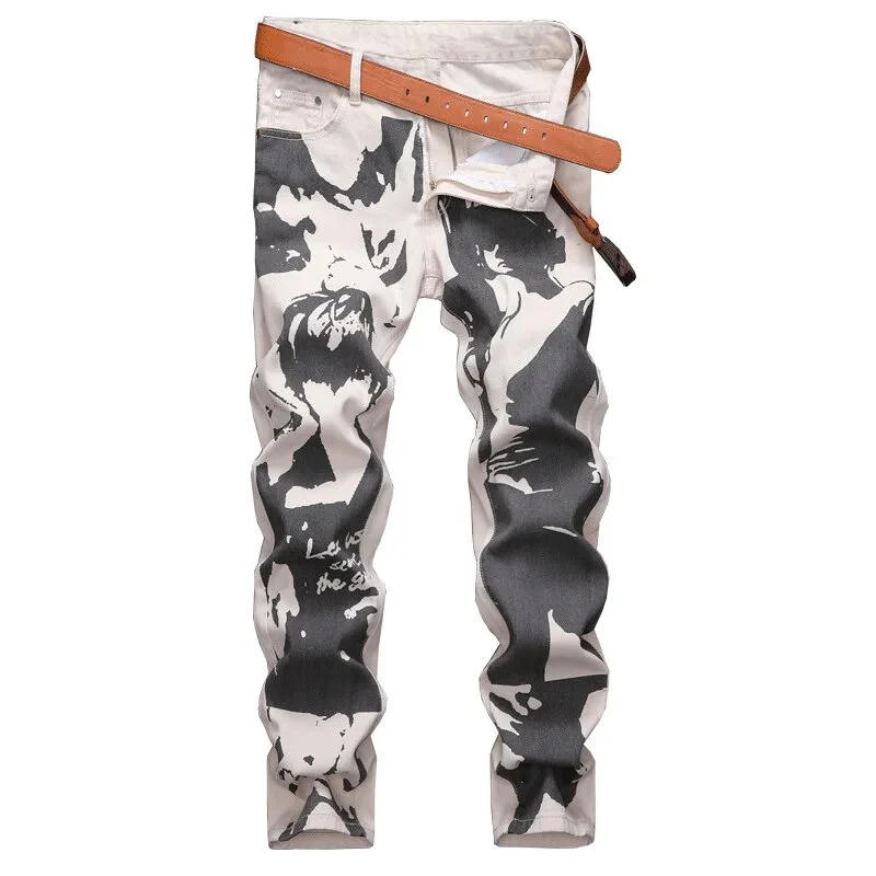 High Quality Men’s Regular Fit Jeans,Chinese Folk Style Prints Decorating Casual Jeans, Stylish Sexy Street Jeans; - Image 10