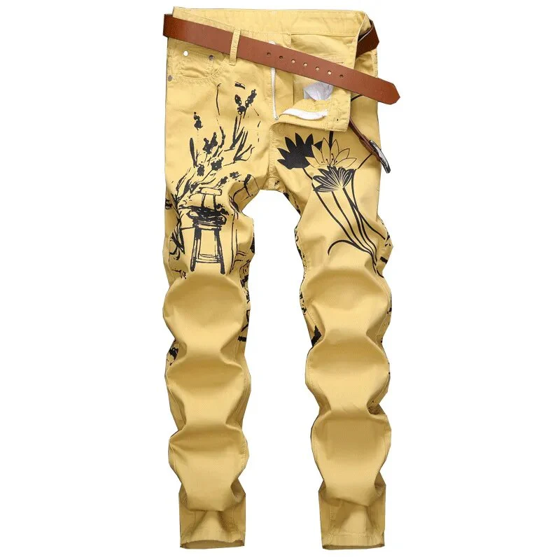 High Quality Men’s Regular Fit Jeans,Chinese Folk Style Prints Decorating Casual Jeans, Stylish Sexy Street Jeans; - Image 3