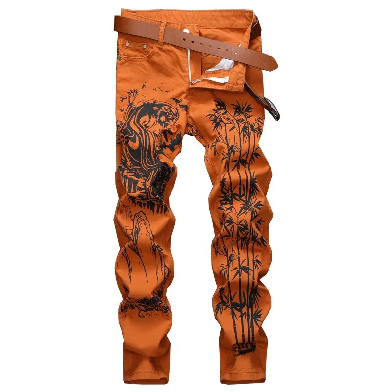 High Quality Men’s Regular Fit Jeans,Chinese Folk Style Prints Decorating Casual Jeans, Stylish Sexy Street Jeans; - Image 4
