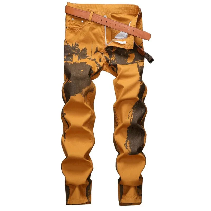High Quality Men’s Regular Fit Jeans,Chinese Folk Style Prints Decorating Casual Jeans, Stylish Sexy Street Jeans; - Image 5