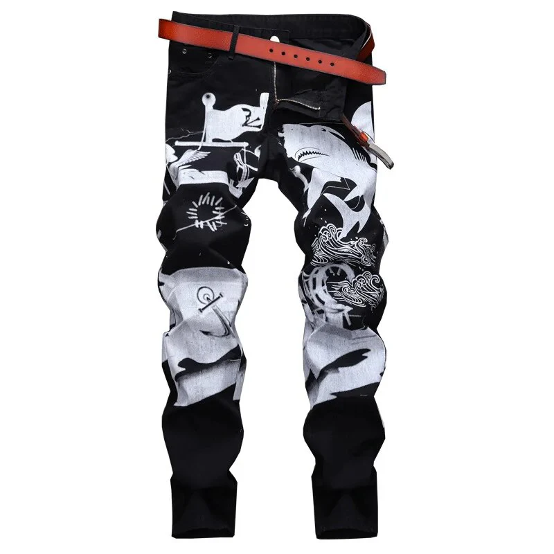 High Quality Men’s Regular Fit Jeans,Chinese Folk Style Prints Decorating Casual Jeans, Stylish Sexy Street Jeans; - Image 9