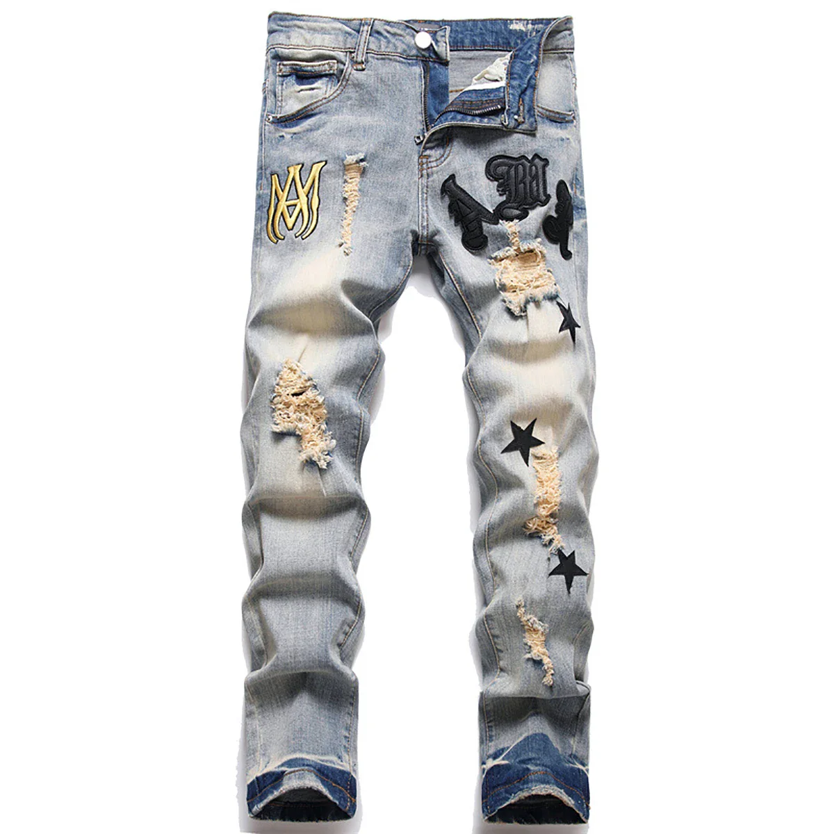 High Quality Men’s Slim-fit Blue Ripped Jeans,Light Luxury Embroidery Decorating Sexy Jeans,Stylish Street Fashion Jeans; - Image 7