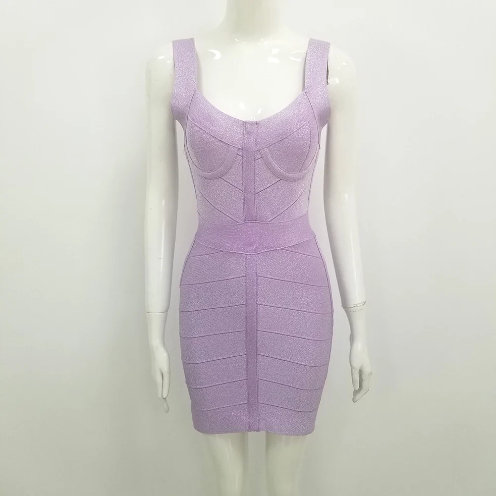 High Quality Purple Bright Bodycon Sexy Fashion Rayon Bandage Dress Cute Evening Party Dress Vestidos - Image 5