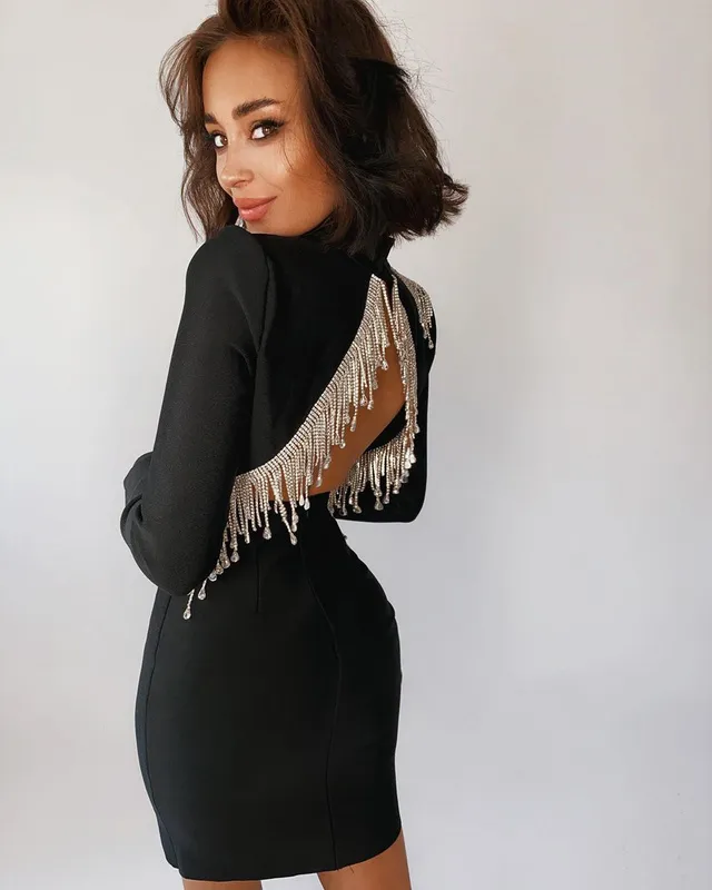 High Quality Red Black Sexy Fashion Sparkly Backless Diamonds Tassel Rayon Bandage Dress Cocktail Party Dress Vestidos - Image 3