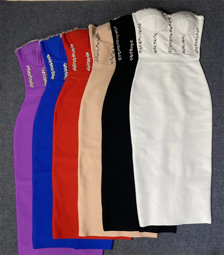 High Quality Red Khaki Black Strapless Crystal Beading Rayon Bandage Dress Elegant Club Party Dress Vestidos - Image 6