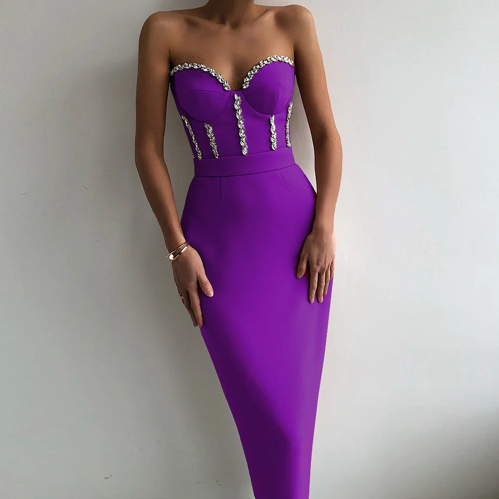 High Quality Red Khaki Black Strapless Crystal Beading Rayon Bandage Dress Elegant Club Party Dress Vestidos - Image 8