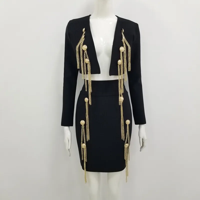 High Quality White Black Beading Long Sleeve Two Pieces Set Rayon Bandage Dress Evening Party Dress - Image 4