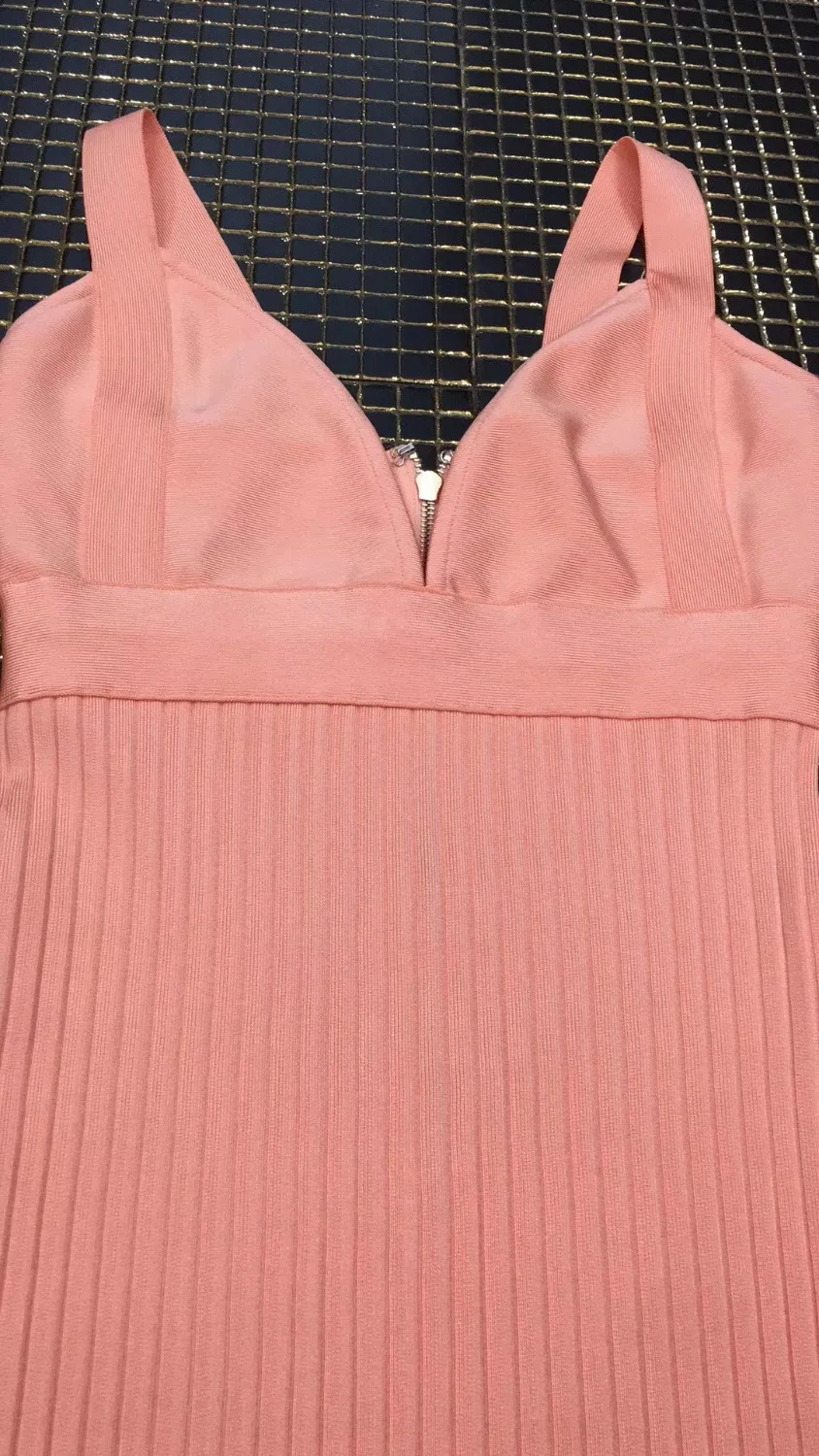 High Quality Women Solid Stretch Bandage Dress New Style Fashion Pink Sleeveless V Neck Sexy Cocktail Celebrity Party Dress - Image 5