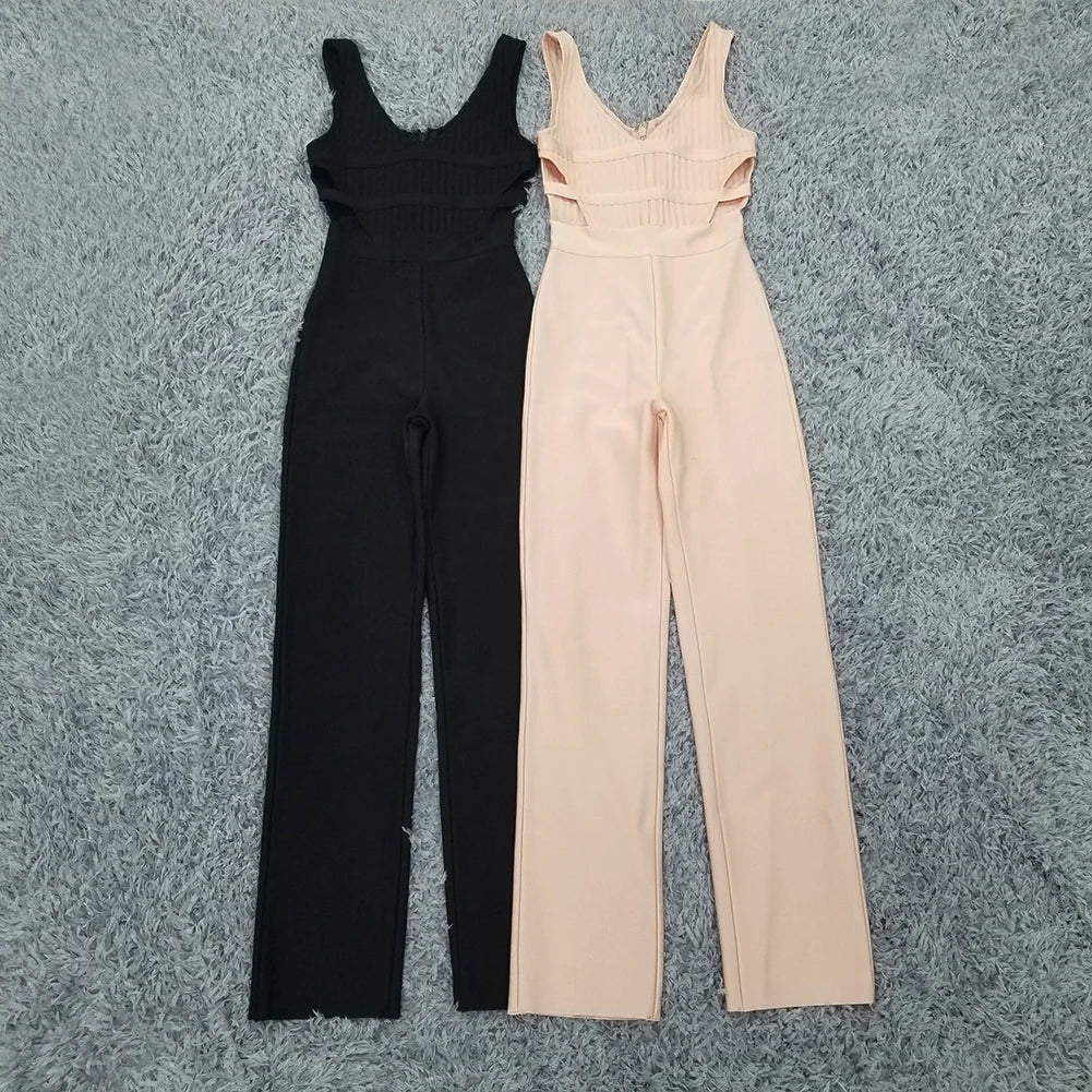 High Quality Women Winter Sexy V Neck Hollow Out Bandage Jumpsuit 2023 Celebrity Designer High Street Beige Black Rompers - Image 6
