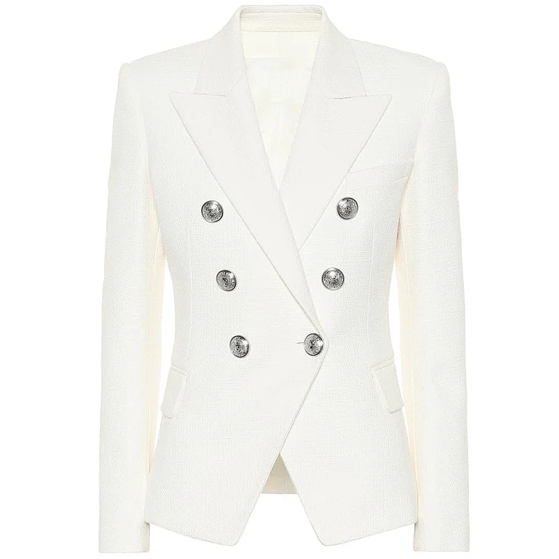 HIGH STREET 2023 Classic Designer Blazer Women's Double Breasted Metal Lion Silver Buttons Pique Blazer Jacket