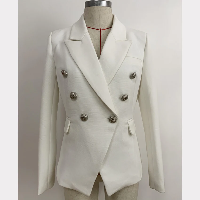HIGH STREET 2023 Classic Designer Blazer Women's Double Breasted Metal Lion Silver Buttons Pique Blazer Jacket - Image 10